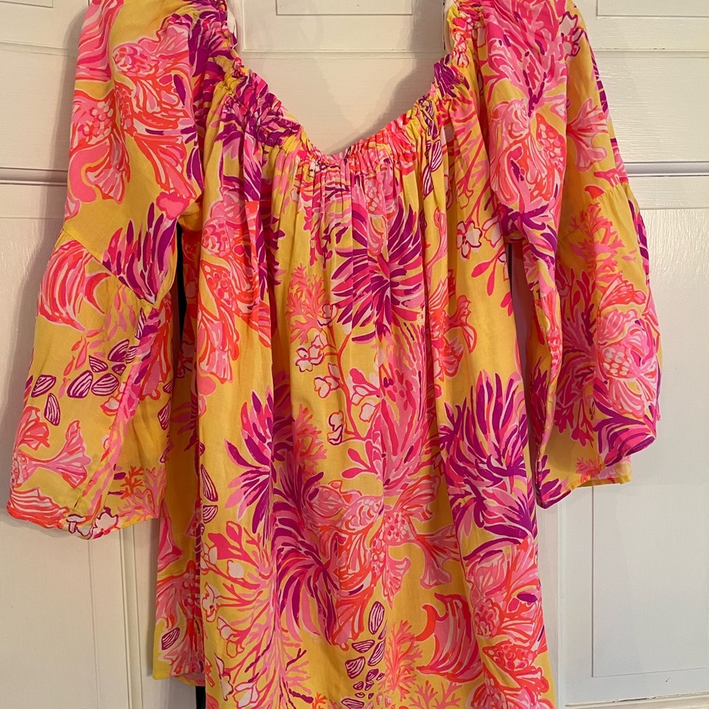 Lilly Pulitzer Yellow Pink Floral Off-the-Shoulder Tunic
